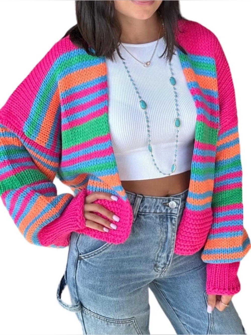 DAVI & DANI Hot Pink Multicolor Striped Knit Cardigan